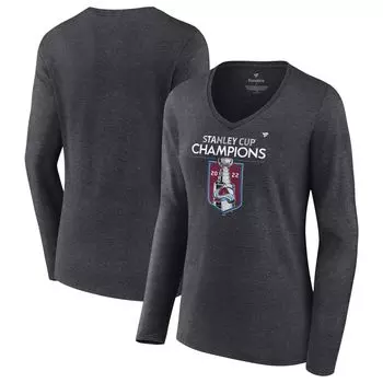 Женская футболка с логотипом Fanatics из меланжевого древесного угля Colorado Avalanche Кубка Стэнли Чемпионов 2022 в раздевалке с v-образным вырезом и длинными рукавами Fanatics