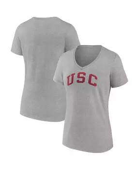 Женская футболка с логотипом Heather Grey USC Trojans Basic Arch с v-образным вырезом Fanatics, серый