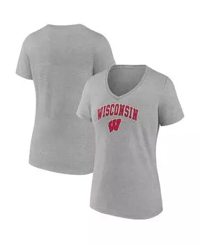 Женская футболка с логотипом Heather Grey Wisconsin Badgers Evergreen Campus с v-образным вырезом Fanatics, серый