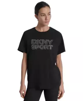 Женская футболка с пайетками-логотипом и удлиненным плечом DKNY, черный