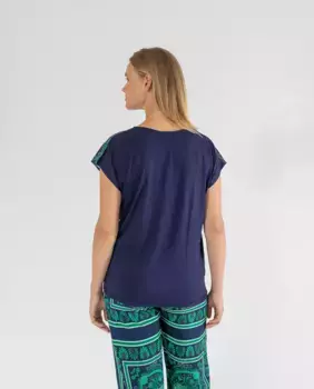Женская футболка с принтом, комбинированная из атласа и трикотажа October, индиго/синий