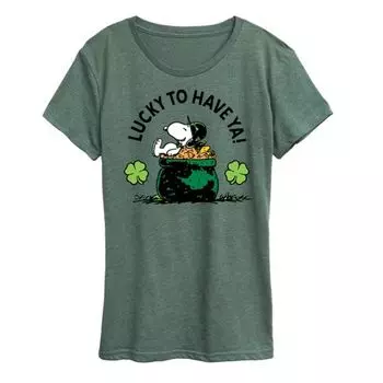 Женская футболка с принтом "Snoopy и Woodstock — повезло с тобой" Licensed Character, зеленый