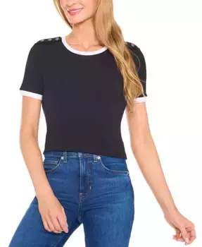 Женская футболка с пуговицами на плечах и контрастной отделкой CeCe, черный