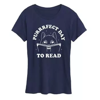 Женская футболка с рисунком Cat Purrrfect Day To Read Licensed Character, темно-синий