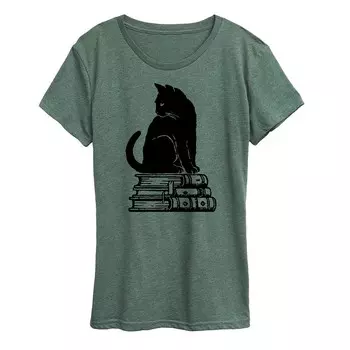 Женская футболка с рисунком «черный кот на книгах» Licensed Character, цвет Heather Green