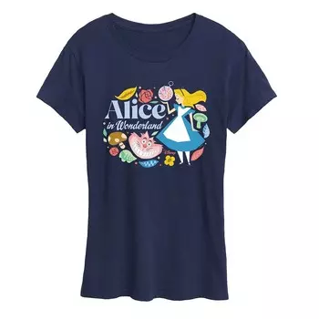Женская футболка с рисунком Disney's Alice in Wonderland Alice & Cheshire Cat, темно-синий