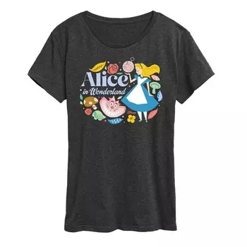 Женская футболка с рисунком Disney's Alice in Wonderland Alice & Cheshire Cat, цвет Heather Charcoal