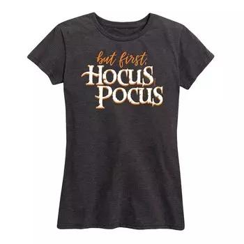 Женская футболка с рисунком Disney's Hocus Pocus But First Hocus Pocus Licensed Character, серый