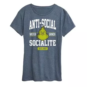 Женская футболка с рисунком Dr. Seuss The Grinch Anti Social Socialite Licensed Character, цвет Heather Blue