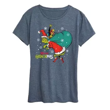 Женская футболка с рисунком Dr. Seuss The Grinch Grinchmas Toy Bag Licensed Character, цвет Heather Blue