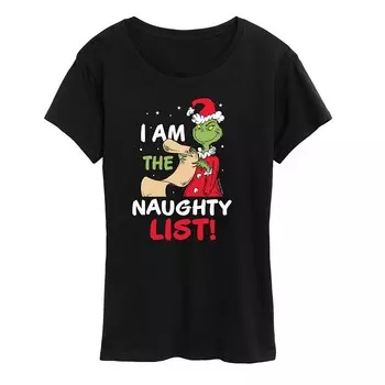 Женская футболка с рисунком Dr. Seuss The Grinch Naughty List Licensed Character, черный