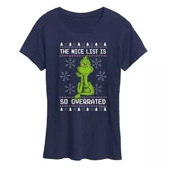 Женская футболка с рисунком Dr. Seuss The Grinch Nice Is Overrated Licensed Character, темно-синий