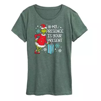 Женская футболка с рисунком Dr. Seuss The Grinch Presence Present Licensed Character, цвет Heather Green