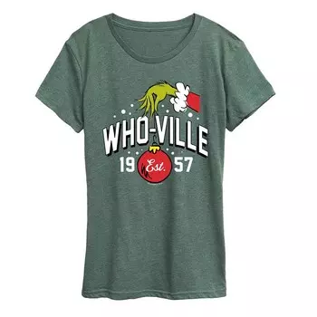 Женская футболка с рисунком Dr. Seuss Who-Ville Grinch Hand Licensed Character, цвет Heather Green