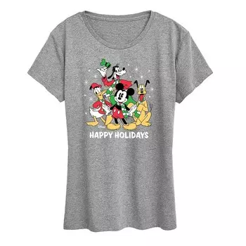 Женская футболка с рисунком группы «Микки и друзья» Disney's Happy Holidays Licensed Character, цвет Heather Gray