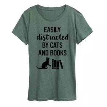 Женская футболка с рисунком кошек, легко отвлекающихся книг Licensed Character, цвет Heather Green