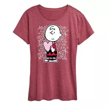 Женская футболка с рисунком Peanuts Charlie Brown XOXO Licensed Character, цвет Heather Dark Red