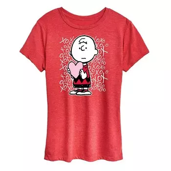 Женская футболка с рисунком Peanuts Charlie Brown XOXO Licensed Character, цвет Heather Red