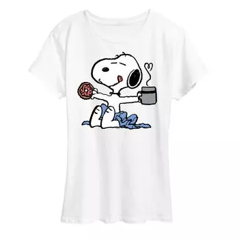 Женская футболка с рисунком Peanuts Donut Coffee Snoopy Licensed Character, белый