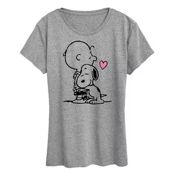 Женская футболка с рисунком Peanuts Snoopy & Charlie Brown Hug Licensed Character, цвет Heather Gray