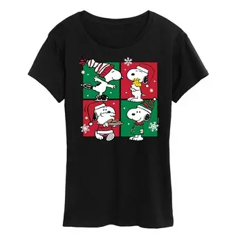 Женская футболка с рисунком Peanuts Snoopy Christmas Grid Licensed Character, черный