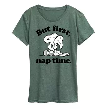 Женская футболка с рисунком Peanuts Snoopy First Nap Time Licensed Character, цвет Heather Green