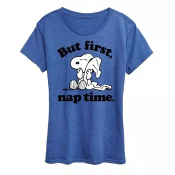 Женская футболка с рисунком Peanuts Snoopy First Nap Time Licensed Character, цвет Heather Royal Blue