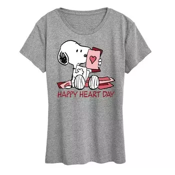 Женская футболка с рисунком Peanuts Snoopy Happy Heart Day Licensed Character, цвет Heather Gray