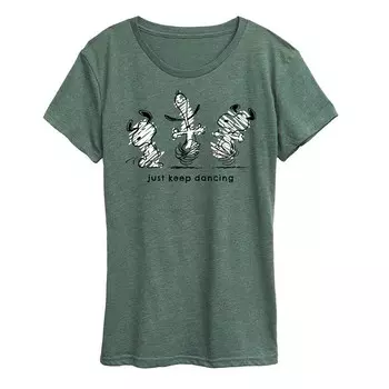 Женская футболка с рисунком Peanuts Snoopy Just Keep Dancing Licensed Character, цвет Heather Juniper Green