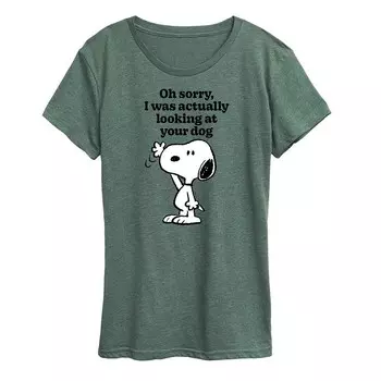 Женская футболка с рисунком Peanuts Snoopy Looking At Your Dog Licensed Character, цвет Heather Green