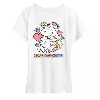 Женская футболка с рисунком Peanuts Snoopy Peace Love Dogs Licensed Character, белый