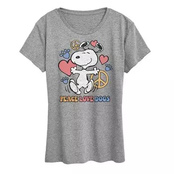 Женская футболка с рисунком Peanuts Snoopy Peace Love Dogs Licensed Character, цвет Heather Gray