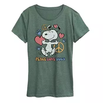 Женская футболка с рисунком Peanuts Snoopy Peace Love Dogs Licensed Character, цвет Heather Green
