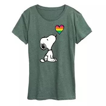 Женская футболка с рисунком Peanuts Snoopy Rainbow Heart Licensed Character, цвет Heather Green
