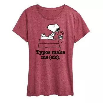 Женская футболка с рисунком Peanuts Snoopy Typos Make Me Sic Licensed Character, цвет Heather Dark Red