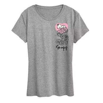 Женская футболка с рисунком Peanuts Snoopy Valentine's Roses Licensed Character, цвет Heather Gray