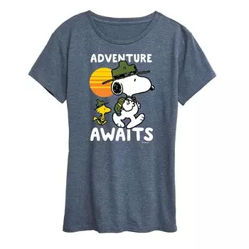 Женская футболка с рисунком Peanuts Snoopy & Woodstock Adventure Licensed Character, цвет Heather Blue