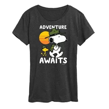Женская футболка с рисунком Peanuts Snoopy & Woodstock Adventure Licensed Character, цвет Heather Charcoal