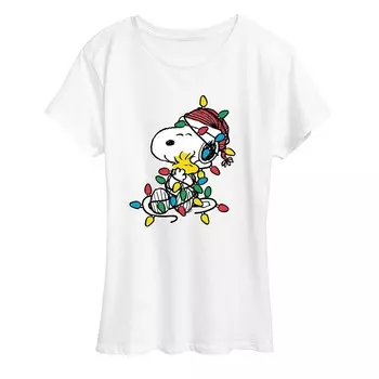 Женская футболка с рисунком Peanuts Snoopy & Woodstock Christmas Lights Licensed Character, белый