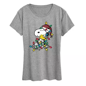 Женская футболка с рисунком Peanuts Snoopy & Woodstock Christmas Lights Licensed Character, цвет Heather Gray