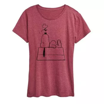 Женская футболка с рисунком Peanuts Snoopy & Woodstock Doghouse Licensed Character, цвет Heather Dark Red