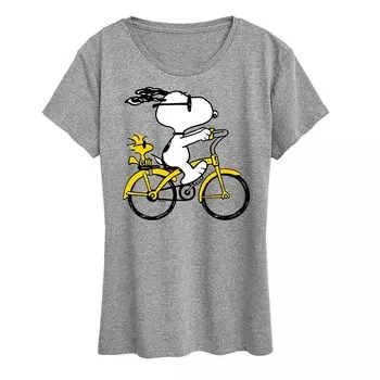 Женская футболка с рисунком Peanuts Snoopy & Woodstock Riding Bike Licensed Character, цвет Heather Gray