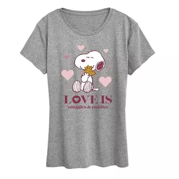Женская футболка с рисунком Peanuts Snoopy & Woodstock Snuggles Licensed Character, цвет Heather Gray