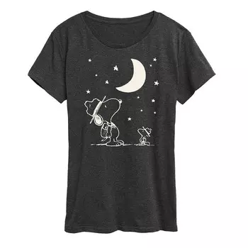 Женская футболка с рисунком Peanuts Snoopy & Woodstock Star Gazing Licensed Character, цвет Heather Charcoal