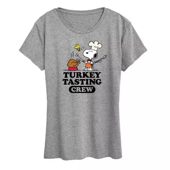 Женская футболка с рисунком Peanuts Snoopy & Woodstock Turkey Tasting Crew Licensed Character, цвет Heather Gray