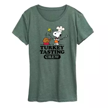 Женская футболка с рисунком Peanuts Snoopy & Woodstock Turkey Tasting Crew Licensed Character, цвет Heather Green