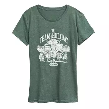 Женская футболка с рисунком Peanuts Team Holiday Spirit Licensed Character, цвет Heather Green
