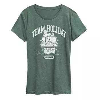 Женская футболка с рисунком Peanuts Team Holiday Spirit Licensed Character, цвет Heather Green