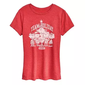Женская футболка с рисунком Peanuts Team Holiday Spirit Licensed Character, цвет Heather Red