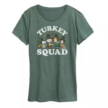 Женская футболка с рисунком Peanuts Turkey Squad Licensed Character, цвет Heather Green